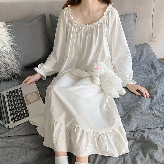 Spring Autumn Women's Sleepwear Night Dress Cotton Mesh Long Sleeve Home Wear Clothes Ladies Night Sleep Shirts Nightgown Woman