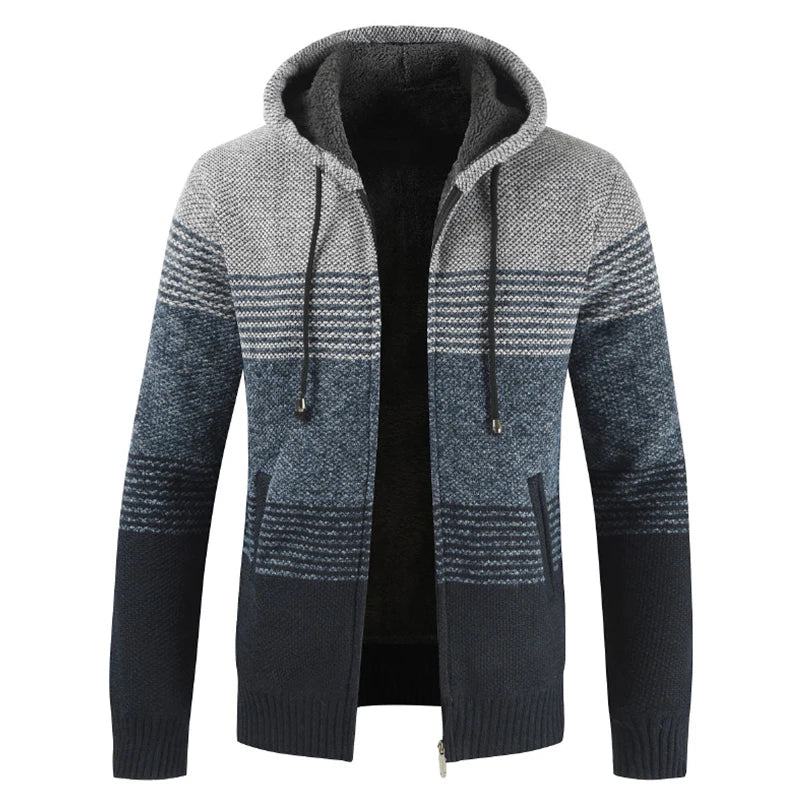 Sweater Coat Men 2024 Winter Thick Warm Hooded Cardigan Jumpers Men Striped Wool Liner Zipper Fleece Coats Men