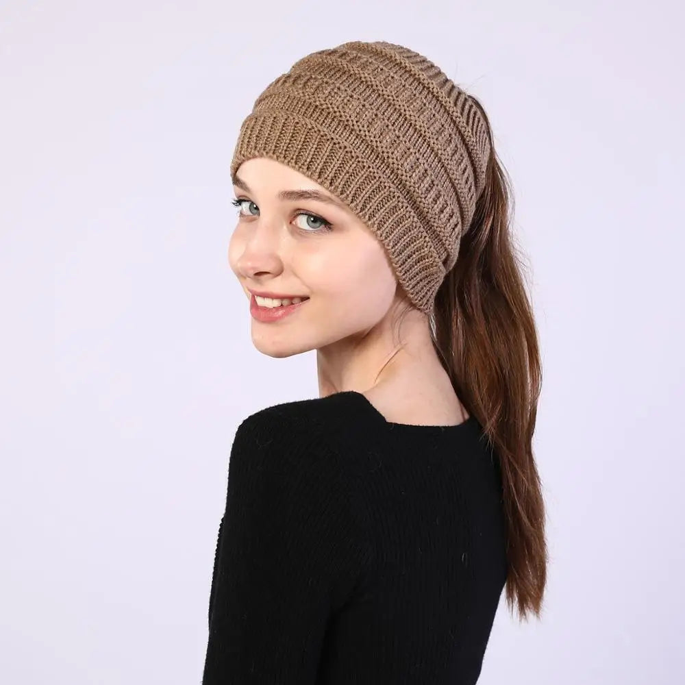 hats for women knitted hat cotton winter beanies with ponytails black knit fleece pink Autumn Solid Color ladies cap