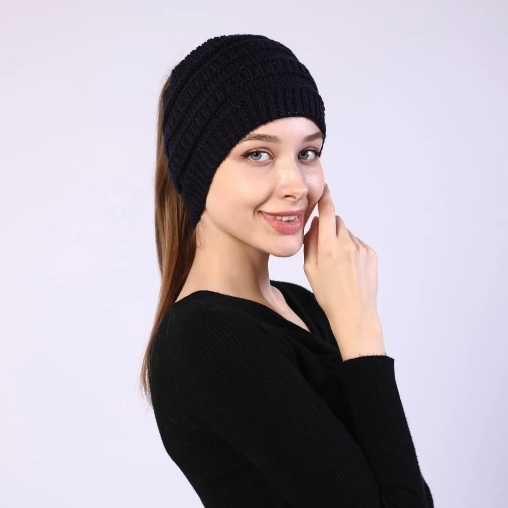 hats for women knitted hat cotton winter beanies with ponytails black knit fleece pink Autumn Solid Color ladies cap