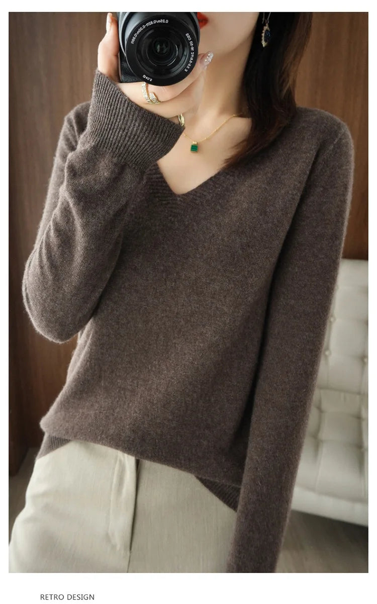 Women's Sweater 2025 Autumn Winter Knitted Pullovers V-neck Slim Fit Bottoming Shirt Solid Soft Knitwear Jumpers Basic Sweaters
