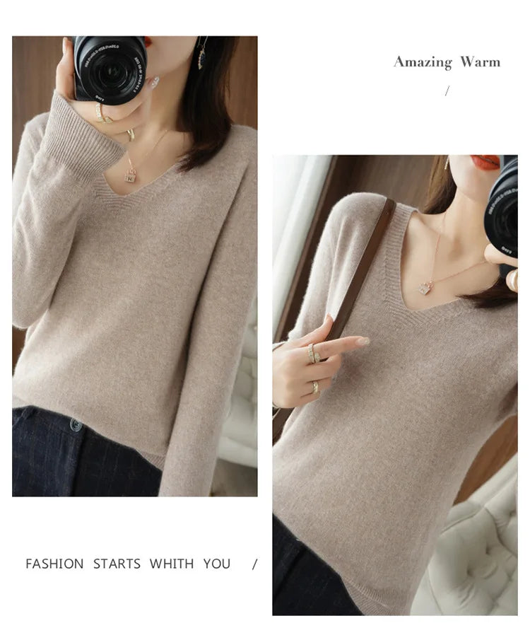 Women's Sweater 2025 Autumn Winter Knitted Pullovers V-neck Slim Fit Bottoming Shirt Solid Soft Knitwear Jumpers Basic Sweaters