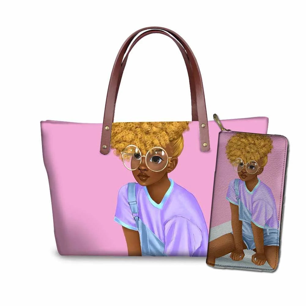 MOQ1 Customized Logo Designer Luxury Women's Handbags Black African Beauty Girl Printed Purses Set Top Handle Handbag for Summer