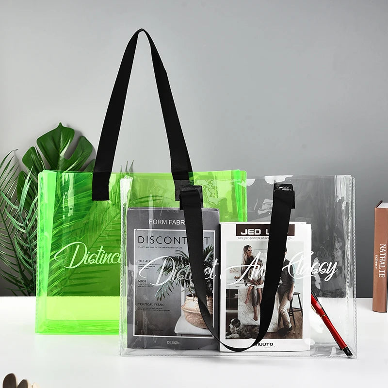 Ready to Ship Can Custom logo Luxury Large Handbags Women Tote Bag Pvc Iridescent Holographic Tote Beach Bag PU Ribbon Handles