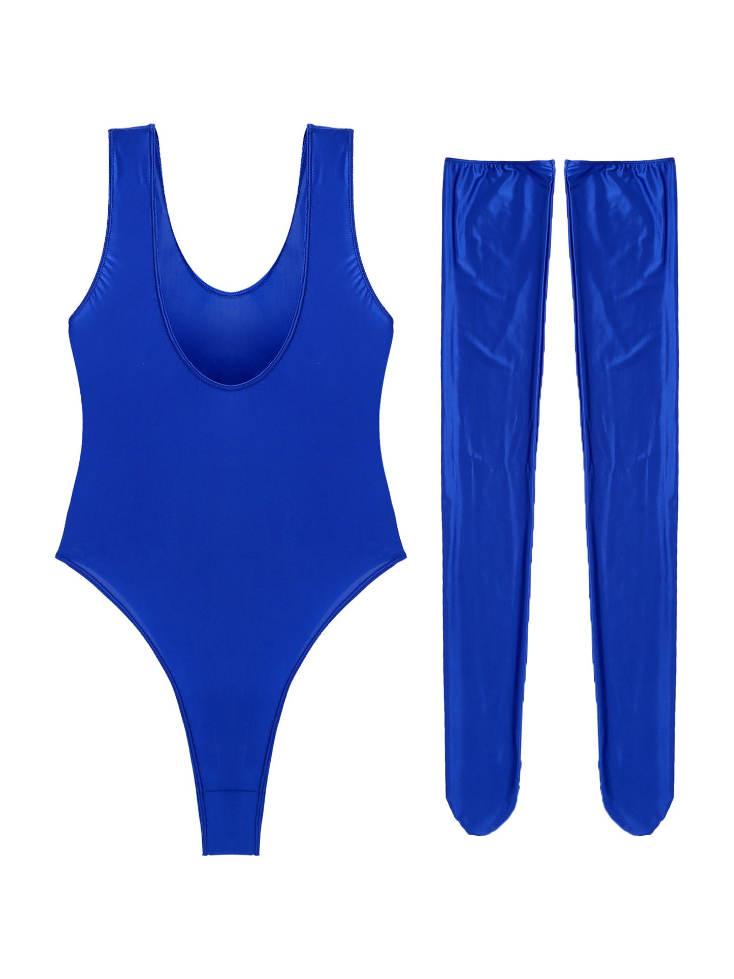 Women Sexy High Cut Bodysuit with Stocking Outfits Metallic Glossy Sleeveless Stretchy Tights One-piece Swimsuit Clubwear