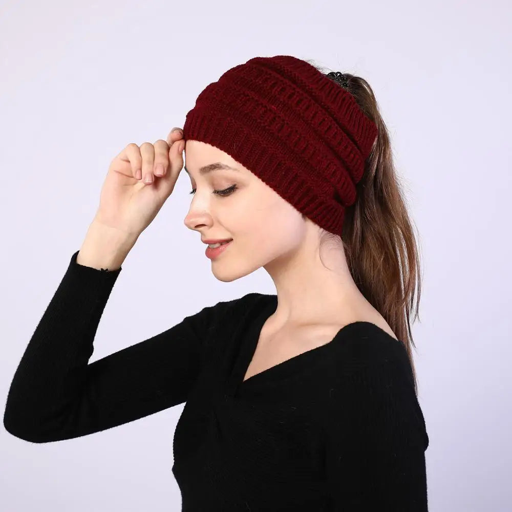 hats for women knitted hat cotton winter beanies with ponytails black knit fleece pink Autumn Solid Color ladies cap