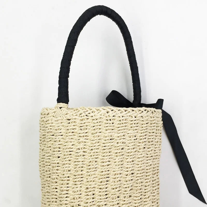 Handmade Women's Handbag Bucket Straw Bag Female Summer Beach Bags Bohemia Woven Bow Top-handle Tote Knitted Drawstring Basket