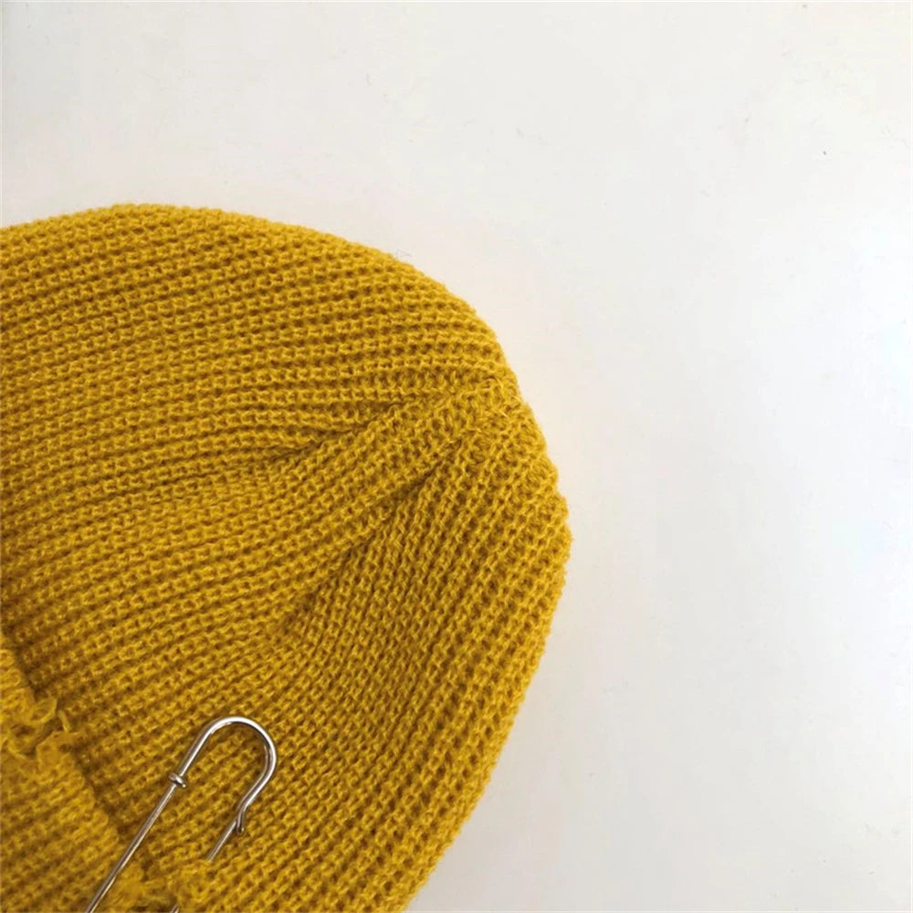 Hat for Women Autumn and Winter Ring Pin Street Hip-Hop Woolen Hats with Holes Edging Knit Cap Men's Trendy Cold-proof Beanies