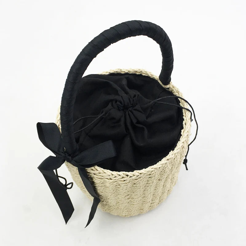 Handmade Women's Handbag Bucket Straw Bag Female Summer Beach Bags Bohemia Woven Bow Top-handle Tote Knitted Drawstring Basket