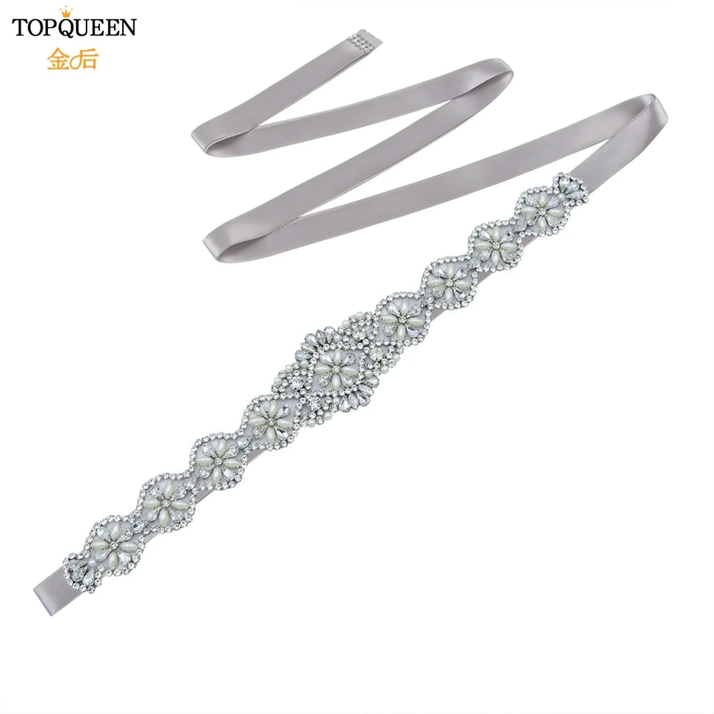 TOPQUEEN Bridal Belts Bling Wedding Women Jewelry Silver Rhinestone Pearl Crystal Sparkly Party Formal Dress Diamond Sash S161