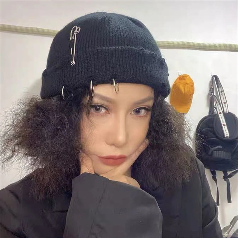 Hat for Women Autumn and Winter Ring Pin Street Hip-Hop Woolen Hats with Holes Edging Knit Cap Men's Trendy Cold-proof Beanies
