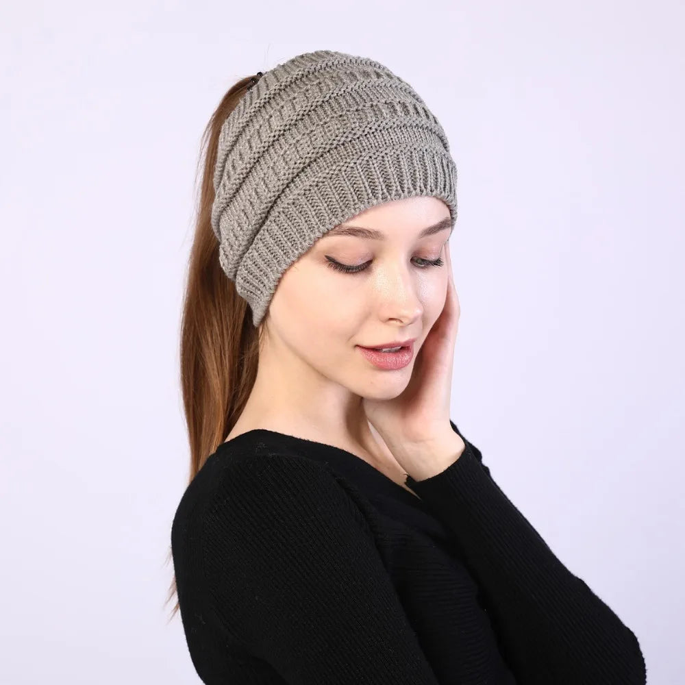 hats for women knitted hat cotton winter beanies with ponytails black knit fleece pink Autumn Solid Color ladies cap