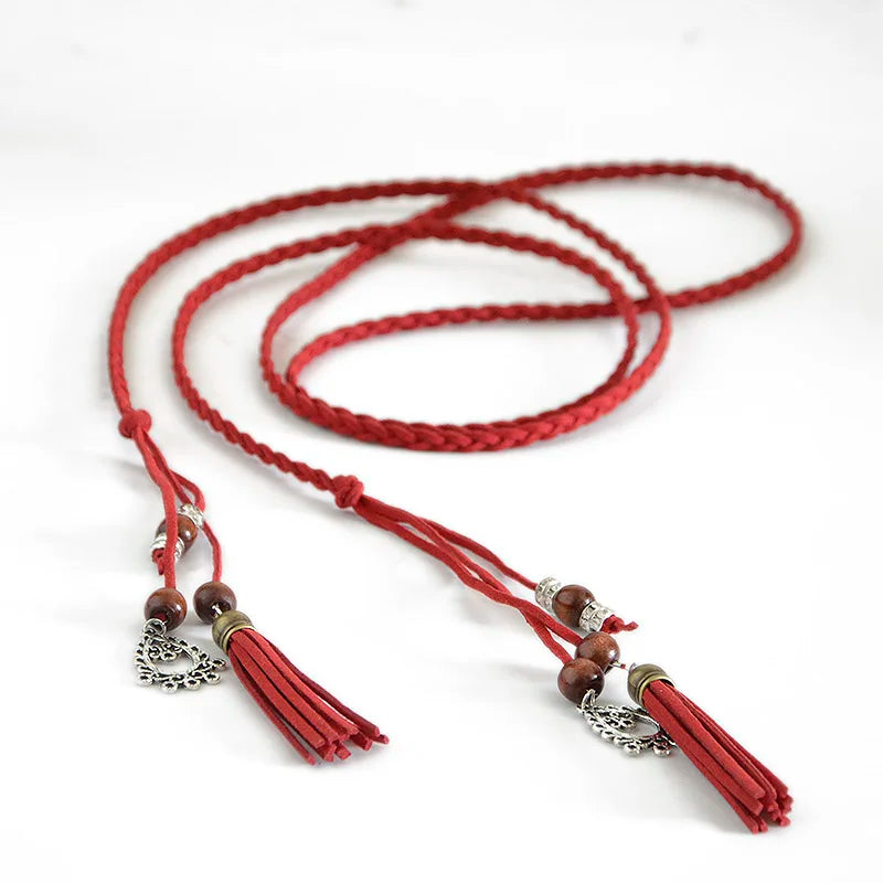 2018 Fashion Women's Handmade Cute Braided Belt Retro Tassel Thin Section Belt Dress Bow Waist Rope Waist Chain Red Bg-642