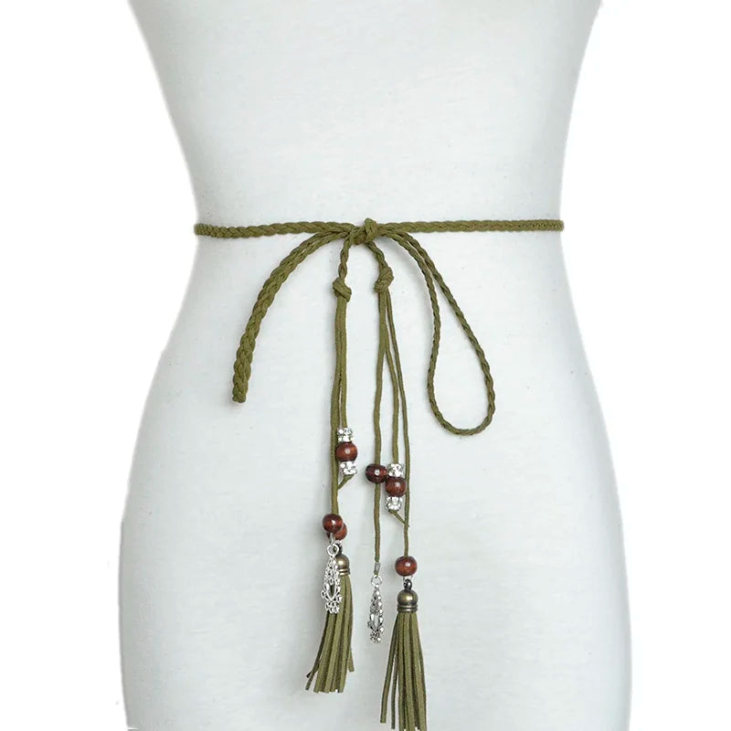2018 Fashion Women's Handmade Cute Braided Belt Retro Tassel Thin Section Belt Dress Bow Waist Rope Waist Chain Red Bg-642