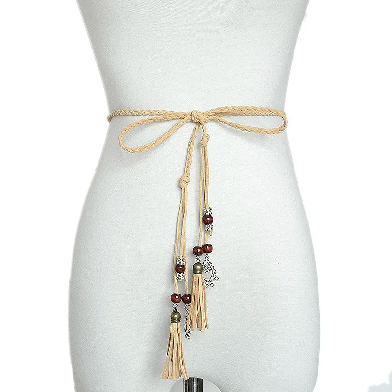 2018 Fashion Women's Handmade Cute Braided Belt Retro Tassel Thin Section Belt Dress Bow Waist Rope Waist Chain Red Bg-642