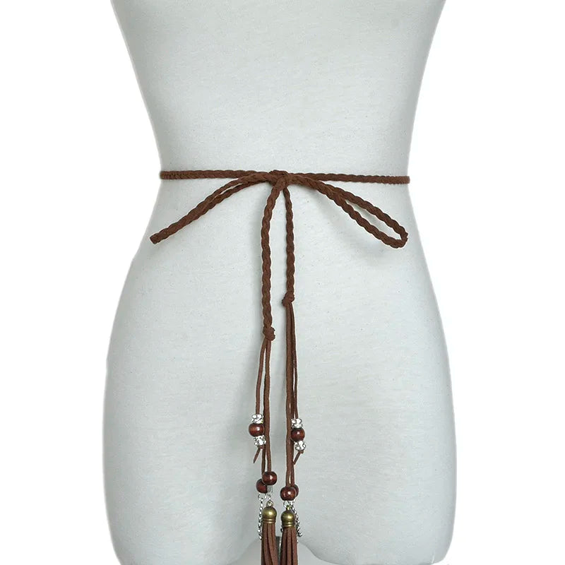 2018 Fashion Women's Handmade Cute Braided Belt Retro Tassel Thin Section Belt Dress Bow Waist Rope Waist Chain Red Bg-642