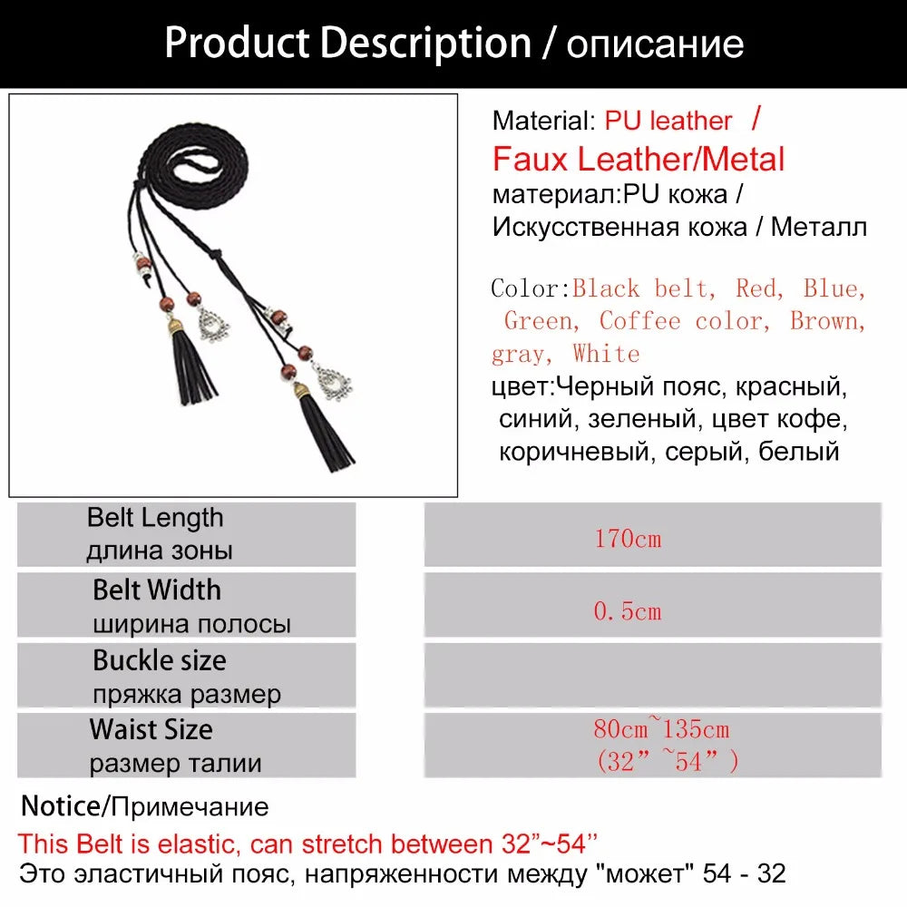2018 Fashion Women's Handmade Cute Braided Belt Retro Tassel Thin Section Belt Dress Bow Waist Rope Waist Chain Red Bg-642