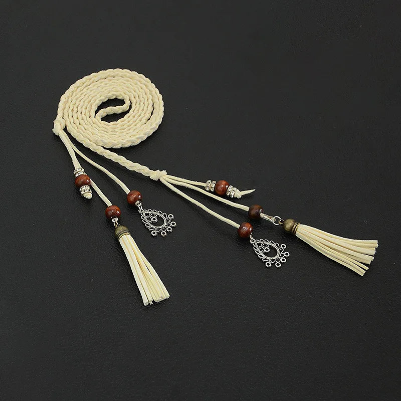 2018 Fashion Women's Handmade Cute Braided Belt Retro Tassel Thin Section Belt Dress Bow Waist Rope Waist Chain Red Bg-642
