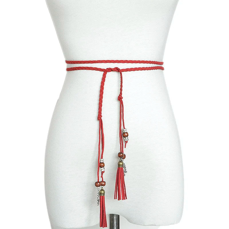 2018 Fashion Women's Handmade Cute Braided Belt Retro Tassel Thin Section Belt Dress Bow Waist Rope Waist Chain Red Bg-642
