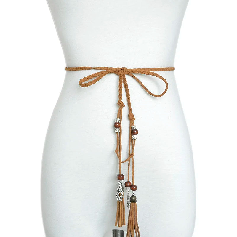 2018 Fashion Women's Handmade Cute Braided Belt Retro Tassel Thin Section Belt Dress Bow Waist Rope Waist Chain Red Bg-642