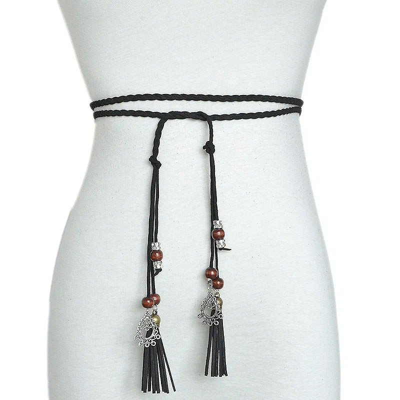 2018 Fashion Women's Handmade Cute Braided Belt Retro Tassel Thin Section Belt Dress Bow Waist Rope Waist Chain Red Bg-642