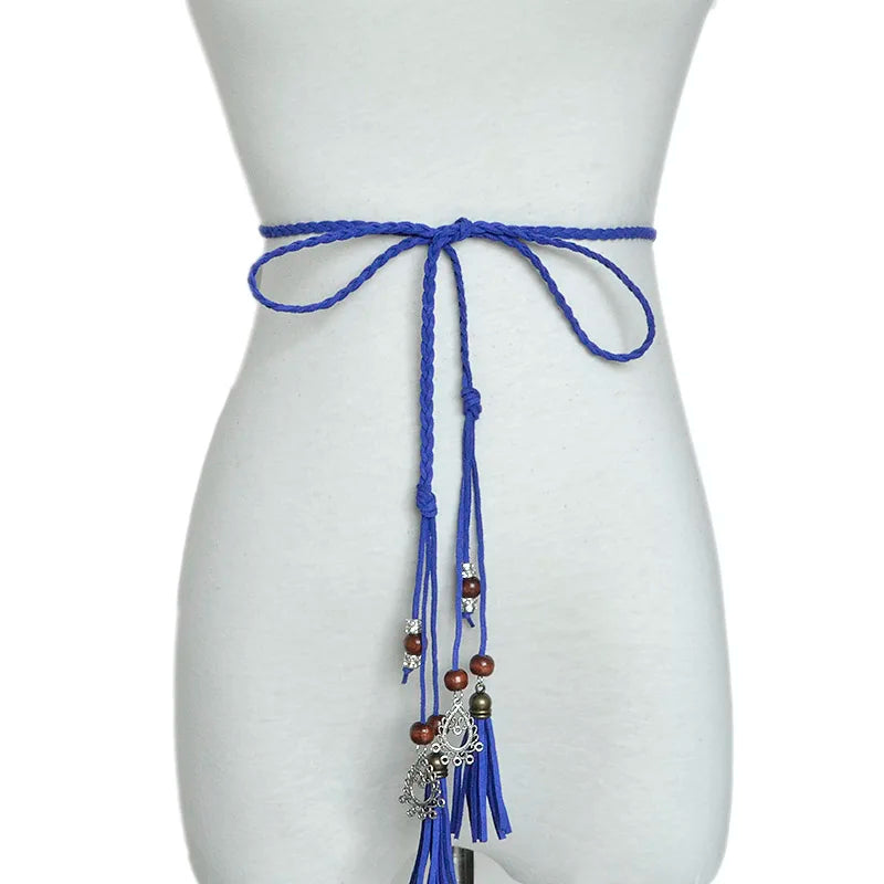 2018 Fashion Women's Handmade Cute Braided Belt Retro Tassel Thin Section Belt Dress Bow Waist Rope Waist Chain Red Bg-642