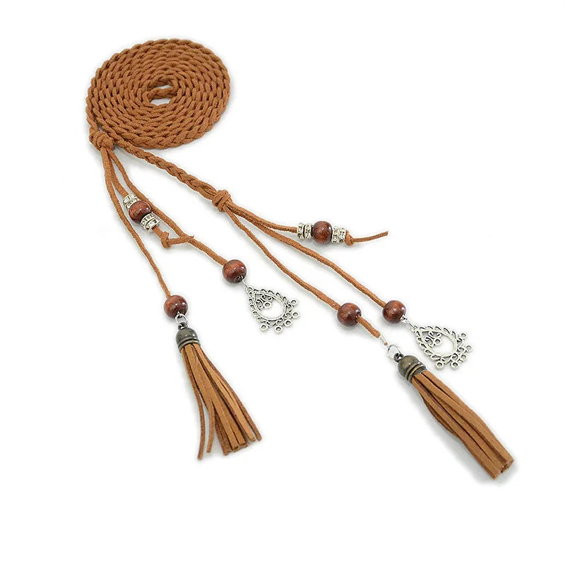 2018 Fashion Women's Handmade Cute Braided Belt Retro Tassel Thin Section Belt Dress Bow Waist Rope Waist Chain Red Bg-642