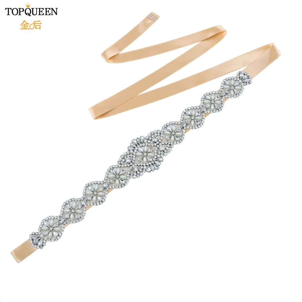 TOPQUEEN Bridal Belts Bling Wedding Women Jewelry Silver Rhinestone Pearl Crystal Sparkly Party Formal Dress Diamond Sash S161