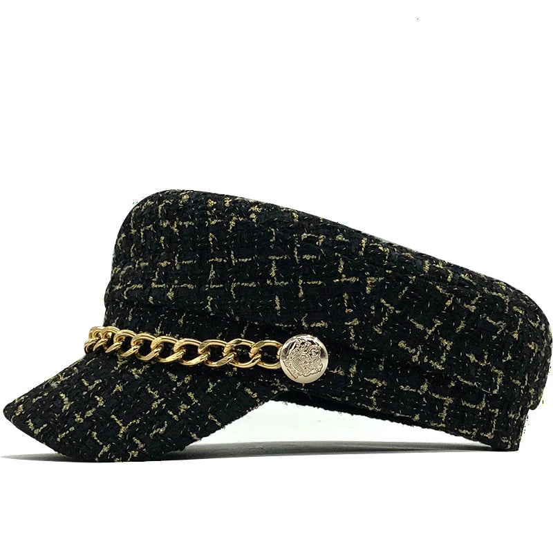 Hot Wool hat cap for women casual streetwear rope flat cap elegant solid autumn winter warm Metal chain beret hat female