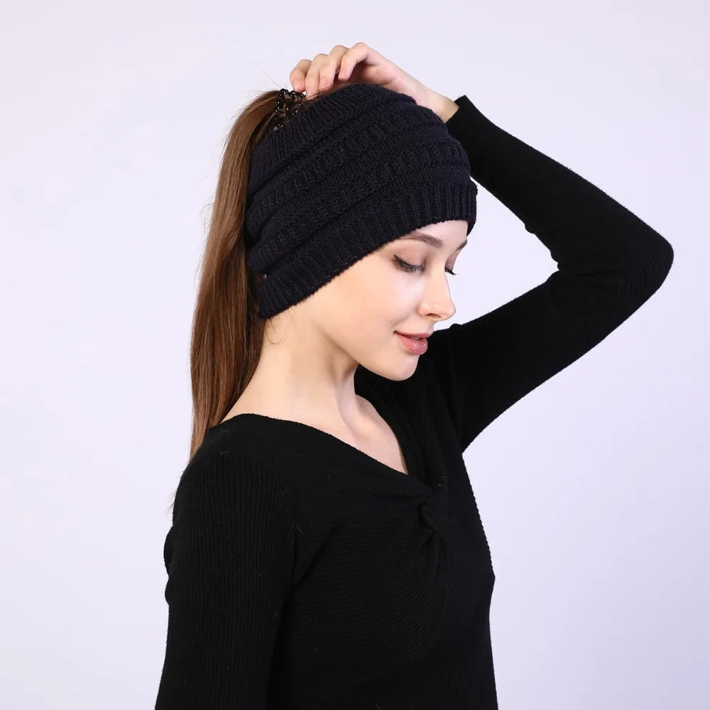 hats for women knitted hat cotton winter beanies with ponytails black knit fleece pink Autumn Solid Color ladies cap