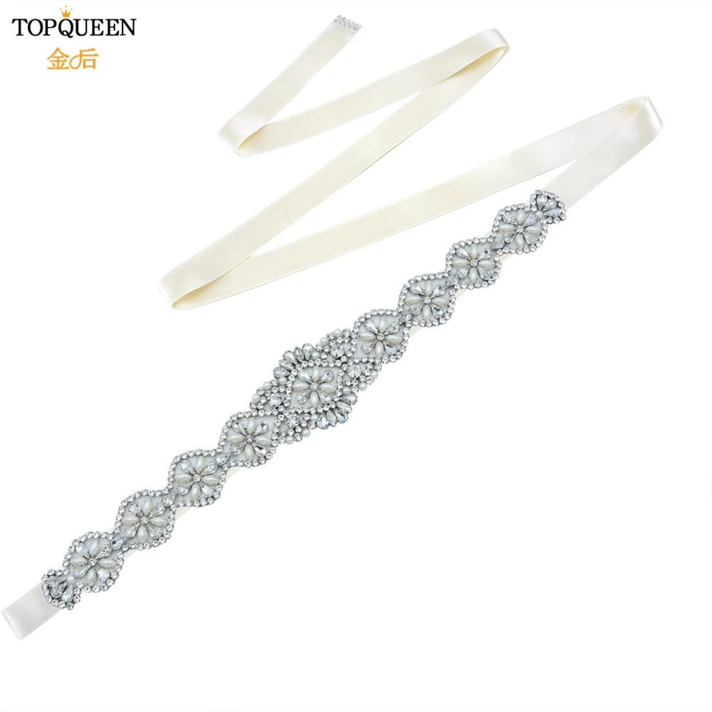 TOPQUEEN Bridal Belts Bling Wedding Women Jewelry Silver Rhinestone Pearl Crystal Sparkly Party Formal Dress Diamond Sash S161