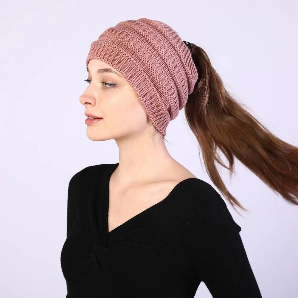 hats for women knitted hat cotton winter beanies with ponytails black knit fleece pink Autumn Solid Color ladies cap