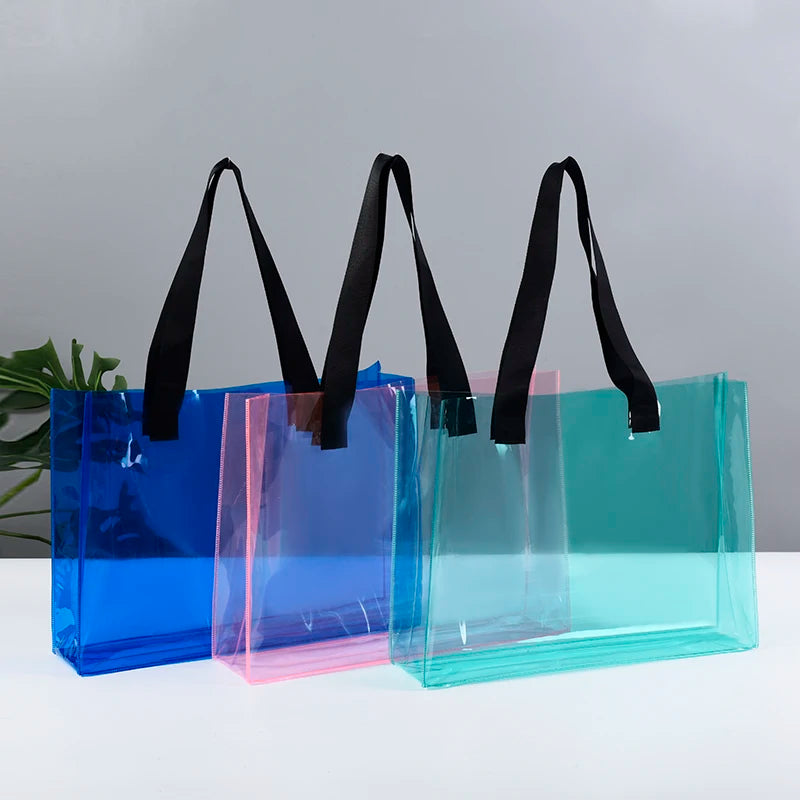 Ready to Ship Can Custom logo Luxury Large Handbags Women Tote Bag Pvc Iridescent Holographic Tote Beach Bag PU Ribbon Handles