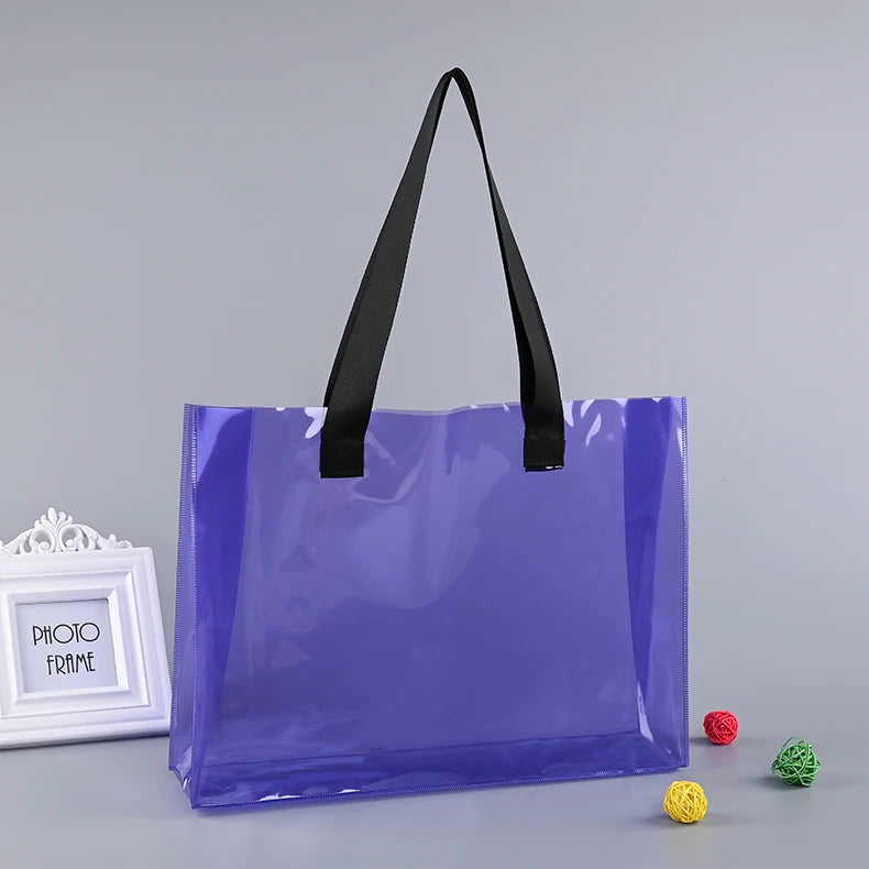 Ready to Ship Can Custom logo Luxury Large Handbags Women Tote Bag Pvc Iridescent Holographic Tote Beach Bag PU Ribbon Handles
