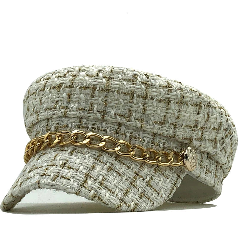 Hot Wool hat cap for women casual streetwear rope flat cap elegant solid autumn winter warm Metal chain beret hat female