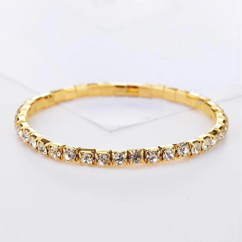 Women Crystal Bangles Rhinestone Elastic Round Bracelets for Female Gold Color Wrist Accessories Fashion Wedding Jewelry