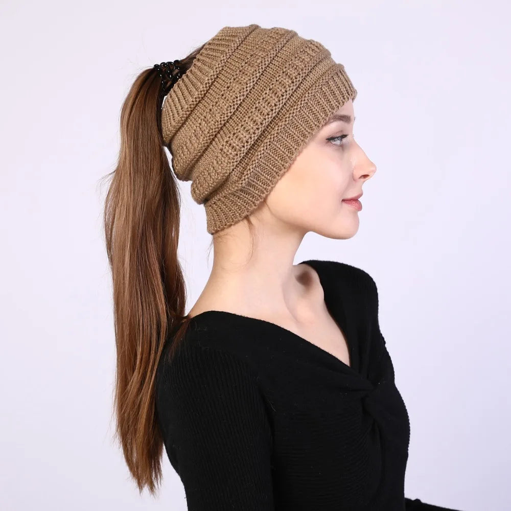 hats for women knitted hat cotton winter beanies with ponytails black knit fleece pink Autumn Solid Color ladies cap