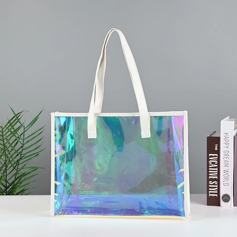 Ready to Ship Can Custom logo Luxury Large Handbags Women Tote Bag Pvc Iridescent Holographic Tote Beach Bag PU Ribbon Handles