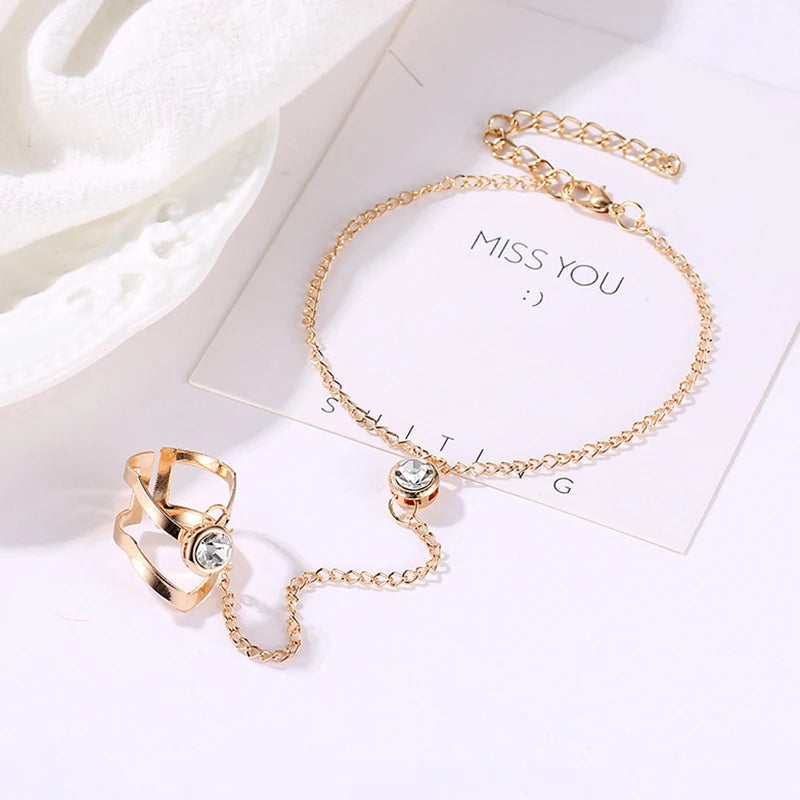 Gold Big Crystal Ring Bracelet For Women Wrist Chain Jewelry Hand Back Chain Fashion Bangles Female Arm Link Ornaments Gifts