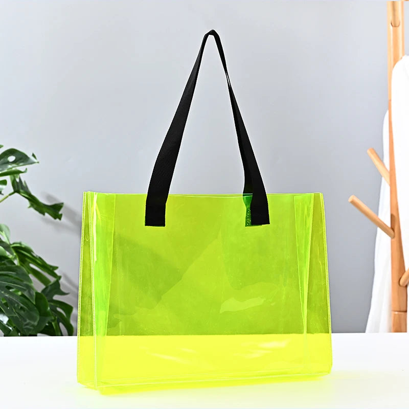 Ready to Ship Can Custom logo Luxury Large Handbags Women Tote Bag Pvc Iridescent Holographic Tote Beach Bag PU Ribbon Handles