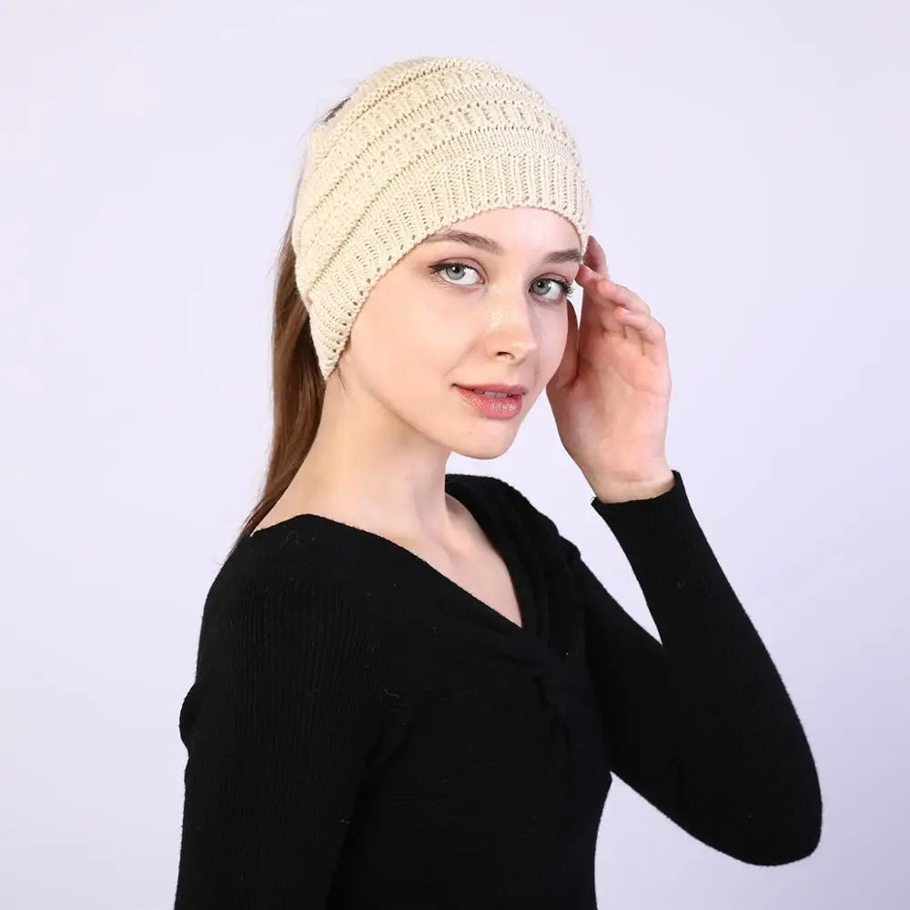 hats for women knitted hat cotton winter beanies with ponytails black knit fleece pink Autumn Solid Color ladies cap