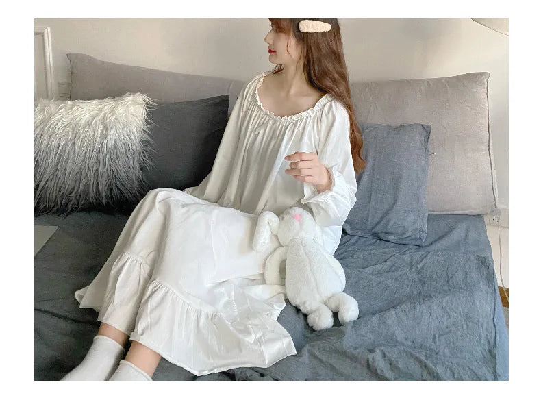 Spring Autumn Women's Sleepwear Night Dress Cotton Mesh Long Sleeve Home Wear Clothes Ladies Night Sleep Shirts Nightgown Woman