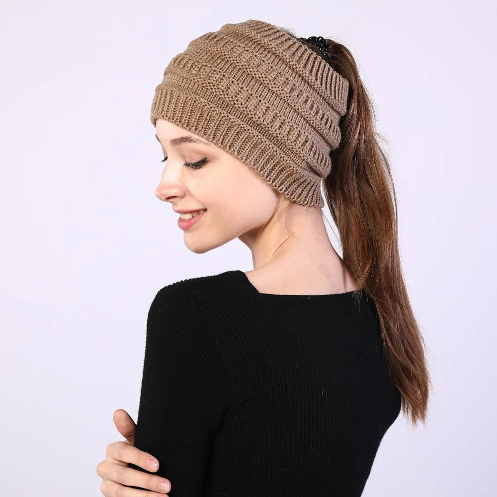 hats for women knitted hat cotton winter beanies with ponytails black knit fleece pink Autumn Solid Color ladies cap