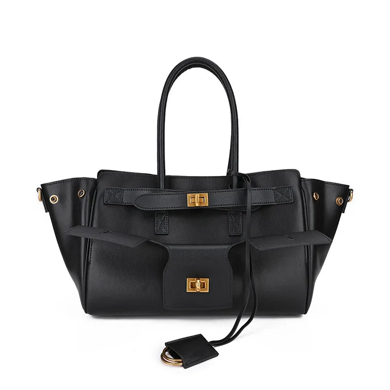 Designer Women's Large Capacity Genuine Leather Tote Handbag Neutral Style with Zipper Closure Portable for Motorcycle Use