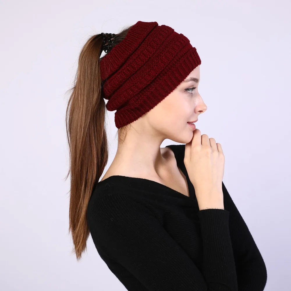 hats for women knitted hat cotton winter beanies with ponytails black knit fleece pink Autumn Solid Color ladies cap