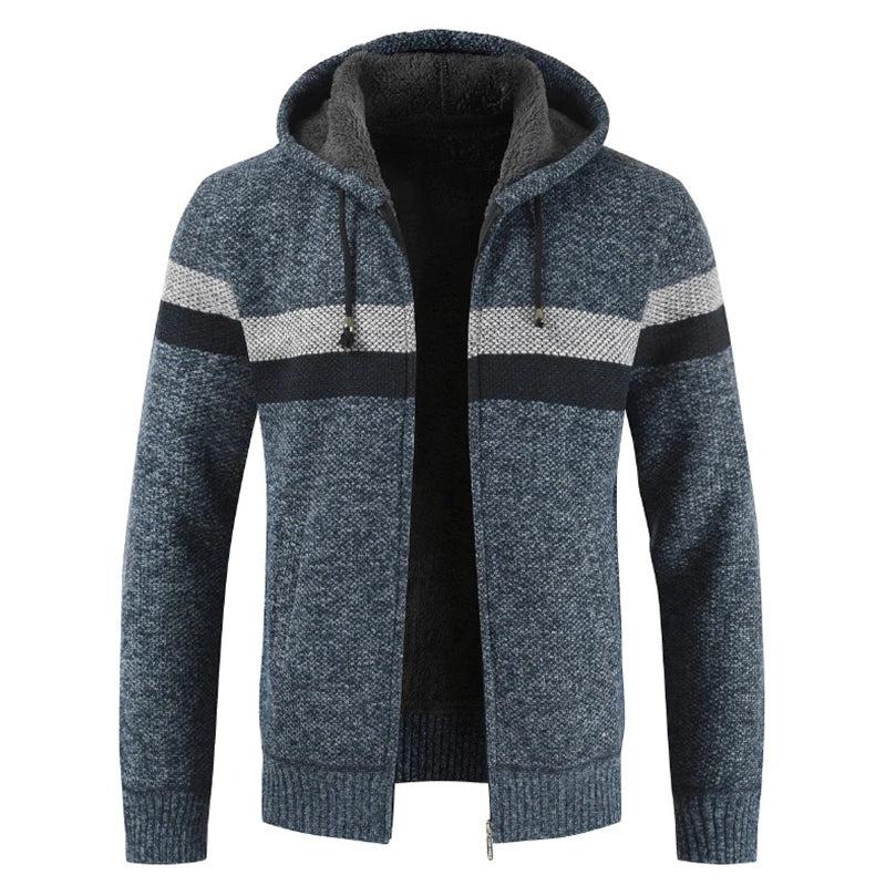 Sweater Coat Men 2024 Winter Thick Warm Hooded Cardigan Jumpers Men Striped Wool Liner Zipper Fleece Coats Men