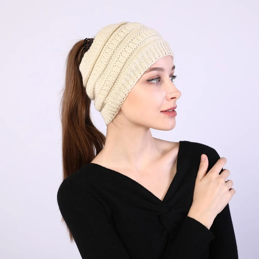 hats for women knitted hat cotton winter beanies with ponytails black knit fleece pink Autumn Solid Color ladies cap