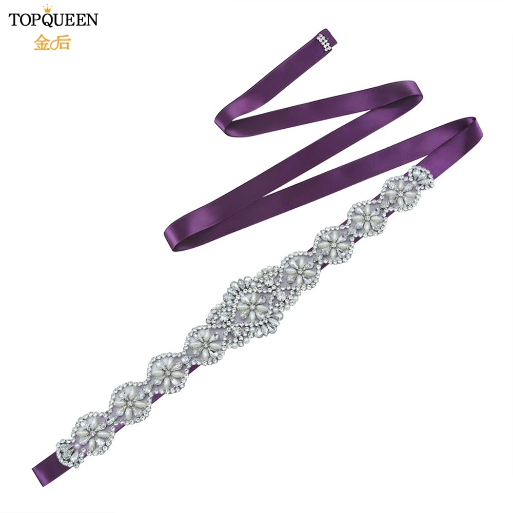 TOPQUEEN Bridal Belts Bling Wedding Women Jewelry Silver Rhinestone Pearl Crystal Sparkly Party Formal Dress Diamond Sash S161