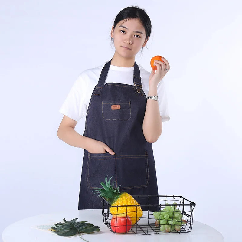 Kitchen Apron Unisex Denim Aprons Adjustable Men Women Apron with Pocket Chefs Cooking Baking Home Cleaner Tool Halter