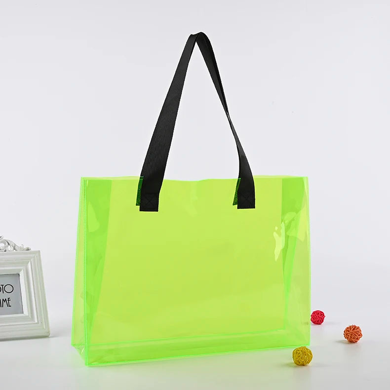Ready to Ship Can Custom logo Luxury Large Handbags Women Tote Bag Pvc Iridescent Holographic Tote Beach Bag PU Ribbon Handles